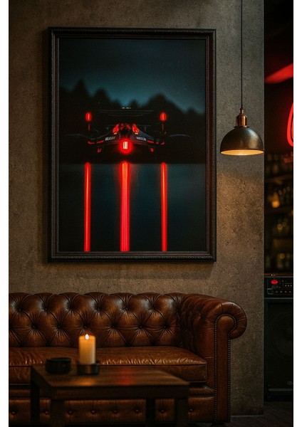 Gece Yarışı – Kırmızı Işık Efektli Yarış Aracı Uv Baskı Duvar Tablosu (Çerçeveli)
