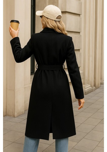 Kadın Kışlık Trend Kuşaklı Uzun Siyah Kaşe Kaban