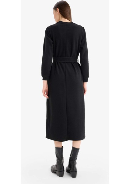 Bisiklet Yaka Basic Düz Selanik Kumaş Uzun Kollu Midi Elbise