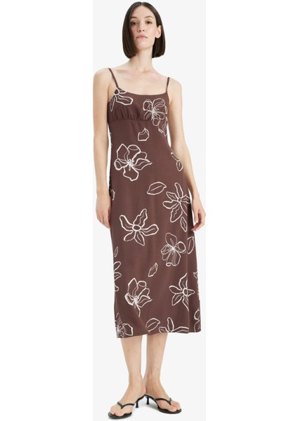 Desenli Keten Karışımlı Çiçekli Askılı Midi Elbise F4098AX25SM