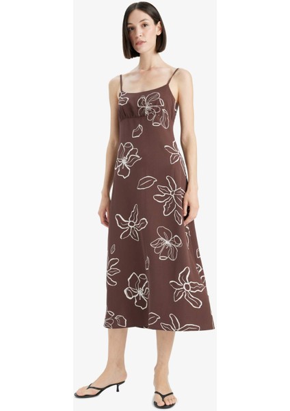 Desenli Keten Karışımlı Çiçekli Askılı Midi Elbise F4098AX25SM