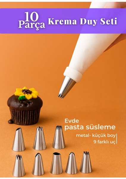 10 Parça Krema Sıkma Torbası Seti Metal Küçük Boy Krema Duyu Süsleme Aparatı Şanti Süsleme Ucu