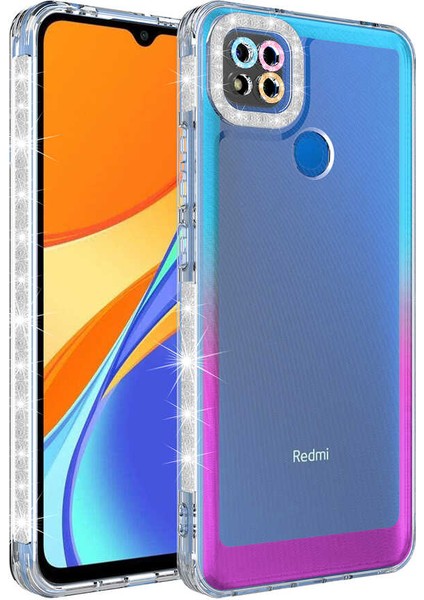 Xiaomi Redmi 9c Kılıf Simli ve Renk Geçiş Tasarımlı Lens Korumalı Mbvo Park Kapak-Mavi-Mor