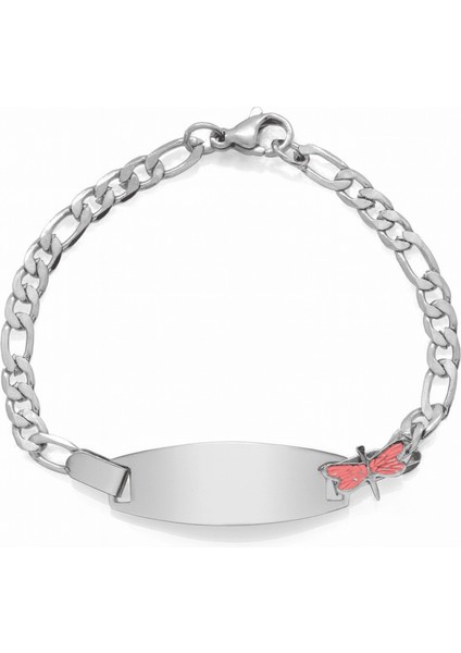 Çocuk Çelik Bileklik - Isme Özel Yazılı - Gümüş Renk - Pembe Yusufcuk Figürlü - Figaro Zincirli