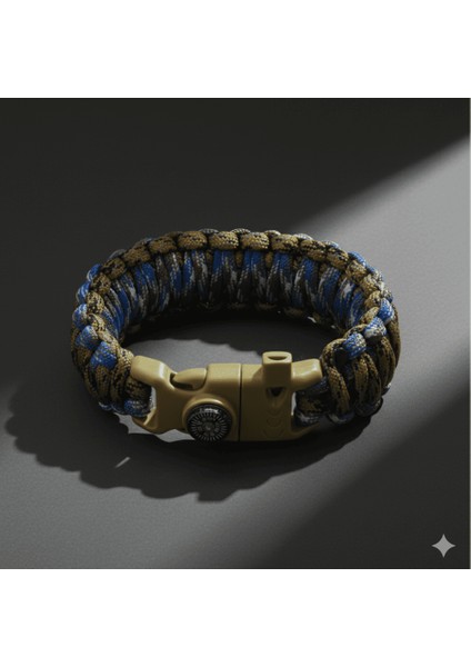 Pusulalı Çakmaklı Taktik Paracord Bileklik - Toprak Mavi Kamuflaj Desen - Kamp ve Doğa Sporları Için indirimleri