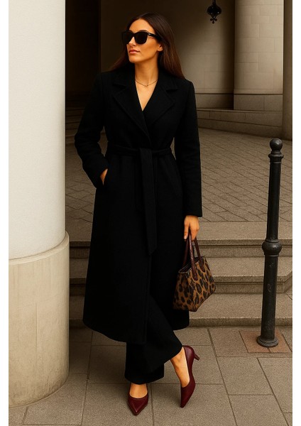 Kadın Kışlık Kuşaklı Uzun Kruvaze Siyah Kaşe Kaban fırsatları