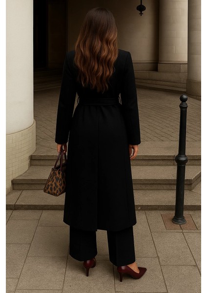 Kadın Kışlık Kuşaklı Uzun Kruvaze Siyah Kaşe Kaban