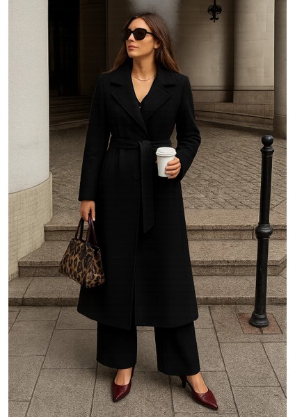 Kadın Kışlık Kuşaklı Uzun Kruvaze Siyah Kaşe Kaban