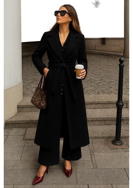 Kadın Kışlık Kuşaklı Uzun Kruvaze Siyah Kaşe Kaban fiyatları