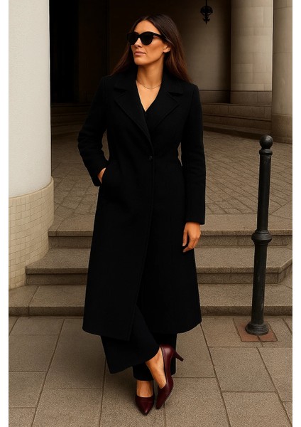 Kadın Kışlık Kuşaklı Uzun Kruvaze Siyah Kaşe Kaban modelleri