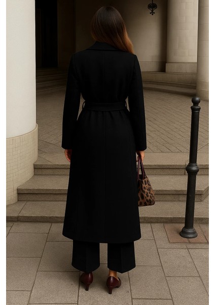 Kadın Kışlık Kuşaklı Uzun Kruvaze Siyah Kaşe Kaban indirimleri