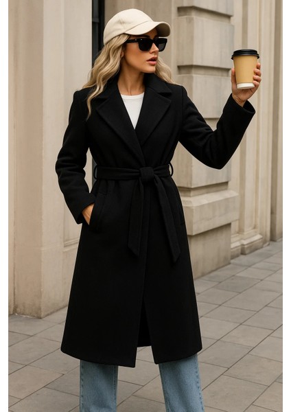 Kadın Kışlık Trend Kuşaklı Uzun Siyah Kaşe Kaban