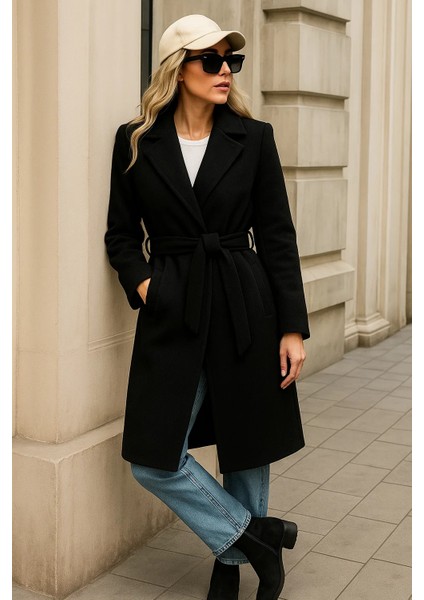Kadın Kışlık Trend Kuşaklı Uzun Siyah Kaşe Kaban fırsatları