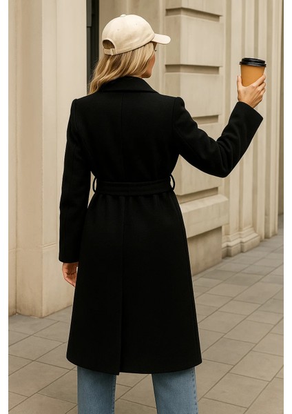 Kadın Kışlık Trend Kuşaklı Uzun Siyah Kaşe Kaban indirimleri