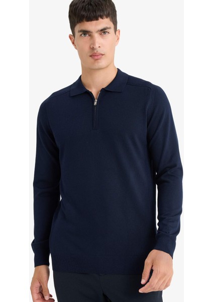 Standart Fit Polo Yaka Yarım Fermuarlı Premium Triko Kazak D0621AX25AU