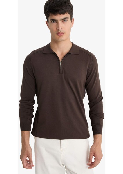 Standart Fit Polo Yaka Yarım Fermuarlı Premium Triko Kazak D0621AX25AU