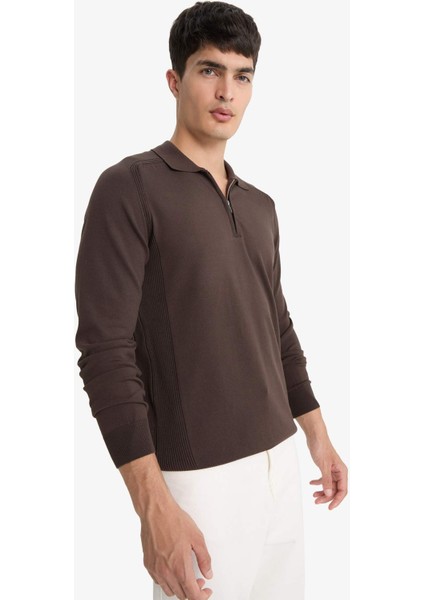 Standart Fit Polo Yaka Yarım Fermuarlı Premium Triko Kazak D0621AX25AU