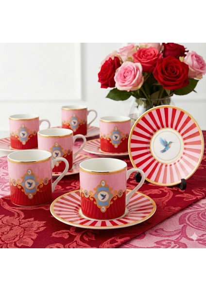 Studio Birdy Pembe Renk Kuş Figürlü 6 Kişilik Porselen Kahve Fincan Takımı (Muadil Model) – 90 Ml.