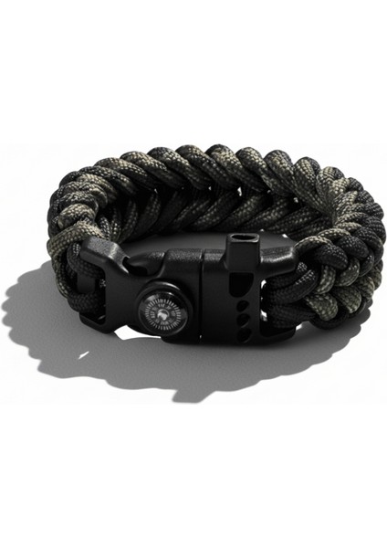 Pusulalı Çakmaklı Taktik Paracord Bileklik - Gece Kamuflaj Desen - Kamp ve Doğa Sporları Için
