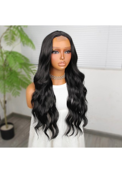 Koyu Siyah Su Dalgalı Fiber Sentetik Tül Peruk modelleri
