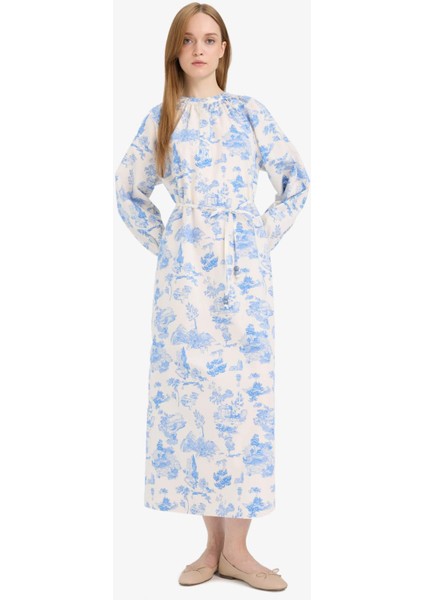 Relax Fit Bisiklet Yaka Çiçekli Poplin Bağcıklı Uzun Kollu Maxi Elbise F4554AX25HS