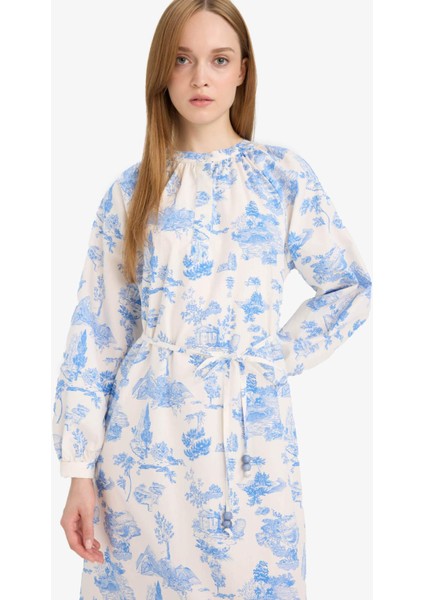 Relax Fit Bisiklet Yaka Çiçekli Poplin Bağcıklı Uzun Kollu Maxi Elbise F4554AX25HS