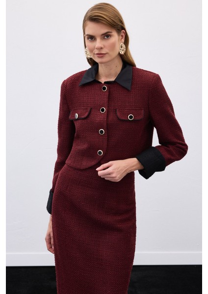 Kontrast Kısa Tüvit Ceket - Bordo