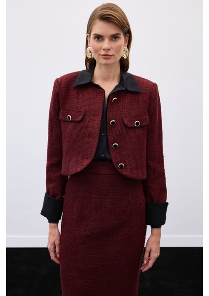 Kontrast Kısa Tüvit Ceket - Bordo modelleri