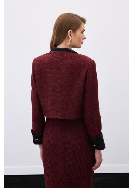 Kontrast Kısa Tüvit Ceket - Bordo