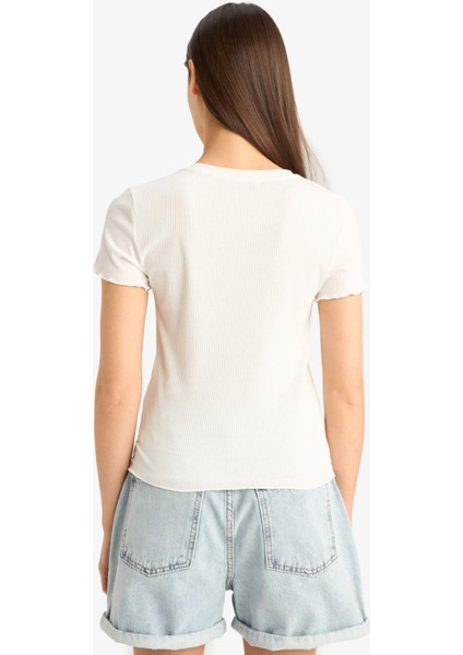 Fitted Bisiklet Yaka Basic Düz Kısa Kollu Beyaz Tişört