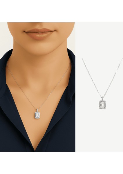 Kadın Çelik Tek Taş Kolye - Baget Zirkon Taşlı - Forse Zincirli - Gümüş Renk fiyatları