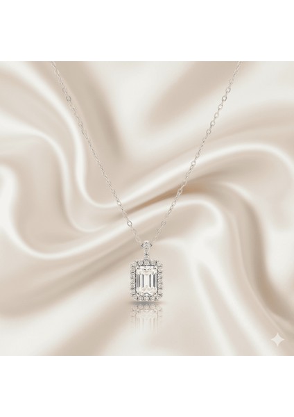 Kadın Çelik Tek Taş Kolye - Baget Zirkon Taşlı - Forse Zincirli - Gümüş Renk fırsatları