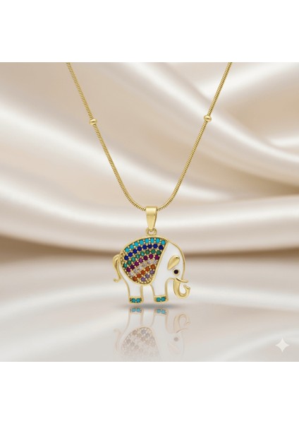 Kadın Çelik Tek Taş Kolye - Fil Detaylı - Renkli Zirkon Taşlı - Snake Zincirli - Altın Renk fırsatları