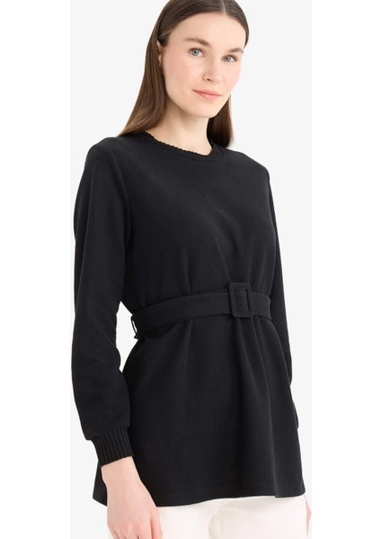 Regular Fit Bisiklet Yaka İçi Yumuşak Tüylü Selanik Kumaş Uzun Kollu Tunik