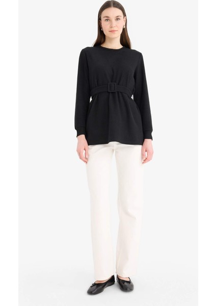 Regular Fit Bisiklet Yaka İçi Yumuşak Tüylü Selanik Kumaş Uzun Kollu Tunik