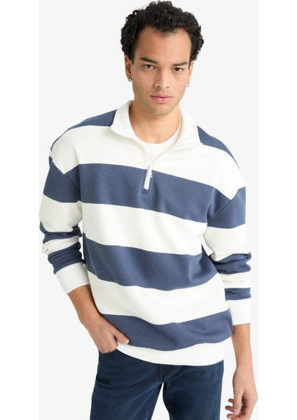 Boxy Fit Dik Yaka Yarım Fermuarlı Çizgili Sweatshirt F4640AX25AU