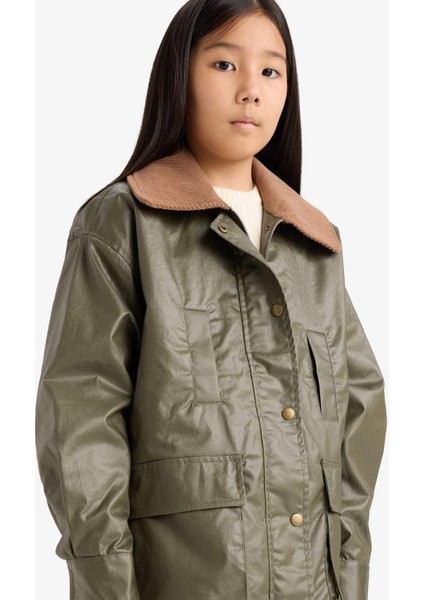 Kız Çocuk Kontrast Yaka Fermuarlı Parka