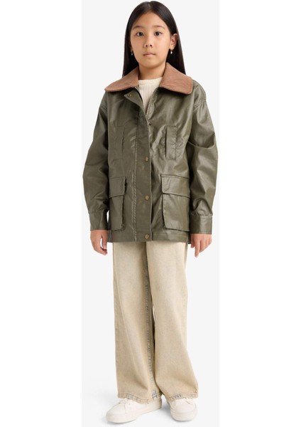 Kız Çocuk Kontrast Yaka Fermuarlı Parka