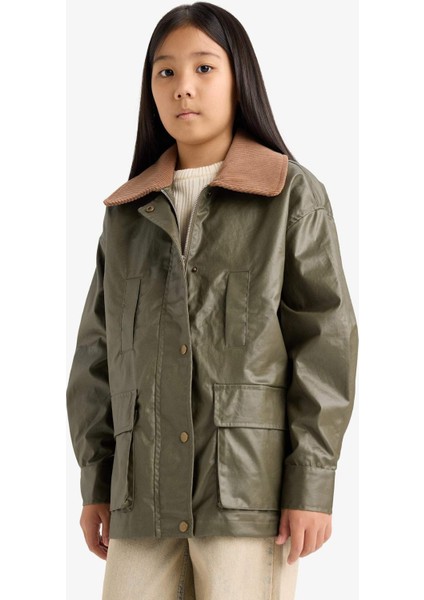 Kız Çocuk Kontrast Yaka Fermuarlı Parka