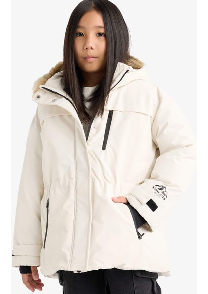 Kız Çocuk Çıkarılabilir Suni Kürk Yaka Kapüşonlu Polar Astarlı Fermuarlı Şişme Kayak Montu F4480A825WN