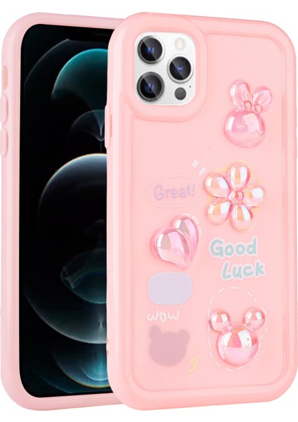 iPhone 13 Pro Max Uyumlu Kabartma Figürlü Parlak Mbvo Toys Silikon Kapak-Pembe