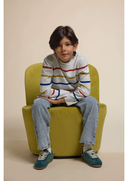 Erkek Çocuk Çizgili Bisiklet Yaka Triko Kazak