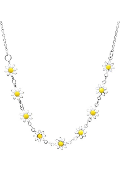 Gümüş Renk Metal Zincirli Sarı Beyaz Mineli Kır Çiçeği Detaylı Kadın Kolye