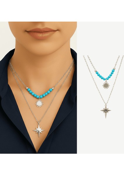 Kadın Çelik Kolye - Kuzey Yıldızı Tasarım - Firuze Taşlı - Gümüş Renk fiyatları