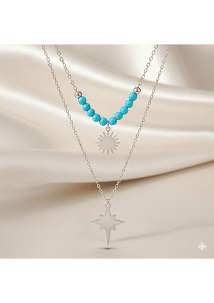 Kadın Çelik Kolye - Kuzey Yıldızı Tasarım - Firuze Taşlı - Gümüş Renk fırsatları