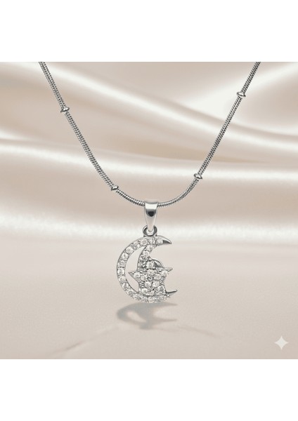 Kadın Çelik Kolye - Ay Yıldız Tasarım - Beyaz Zirkon Taşlı - Stres Çarkı Model - Gümüş Renk fırsatları