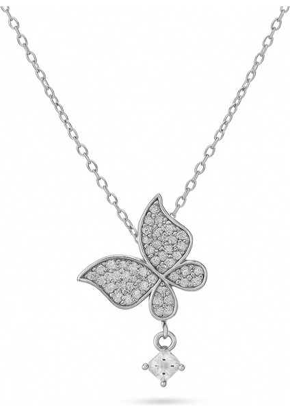 Kadın Çelik Kolye - Kelebek Tasarım - Beyaz Zirkon Taşlı - Tek Taş Süslemeli - Gümüş Renk