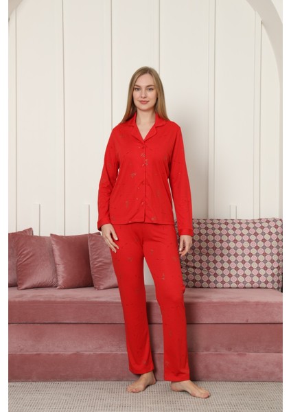 Kadın Yılbaşı Temalı Uzun Kollu Önden Düğmeli Pijama Takımı 781 fiyatları