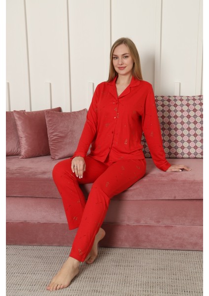 Kadın Yılbaşı Temalı Uzun Kollu Önden Düğmeli Pijama Takımı 781 modelleri
