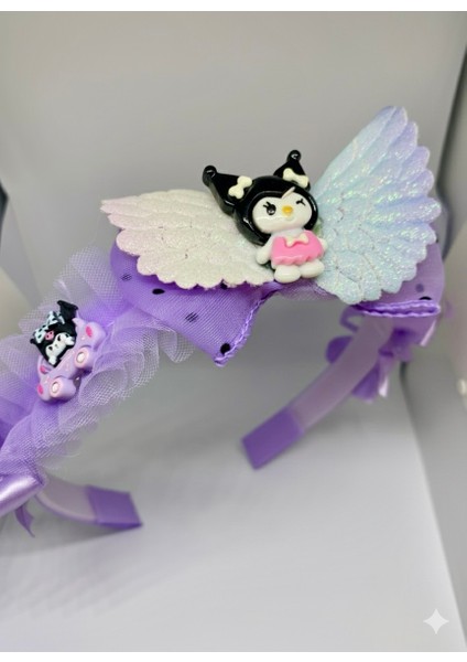 Kız Çocuk Kuromi Figürlü Simli Kanatlı Kurdeleli Mor Renk Tüllü Taç 1 Adet